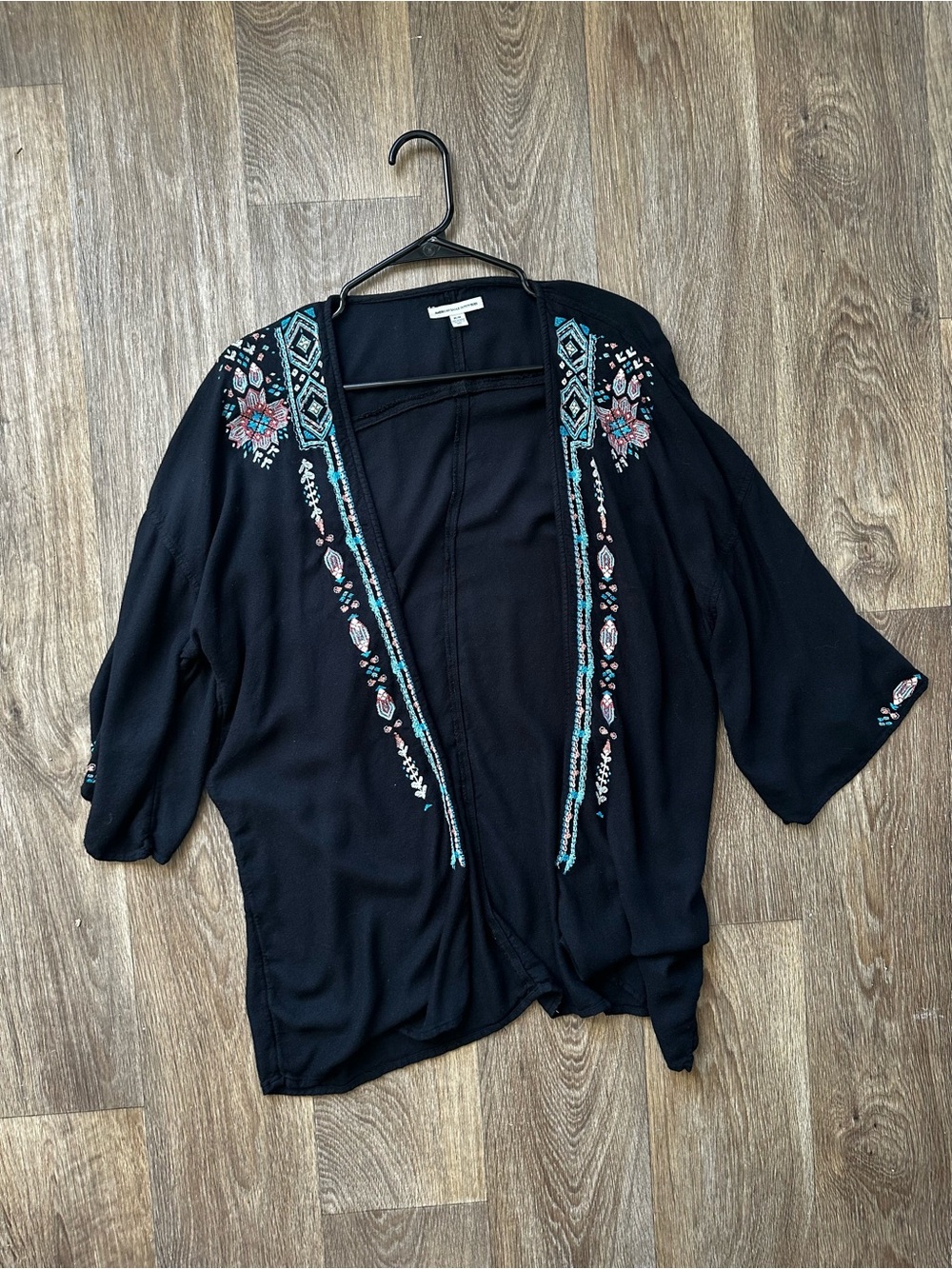American Eagle Outfitters Navy Embroidered Kimono Jacket Bell Sleeve